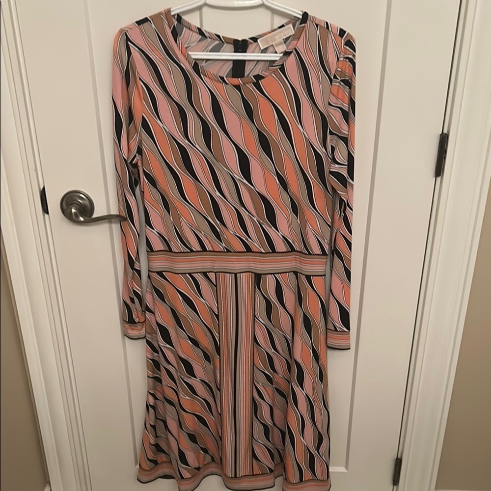 MICHAEL Michael Kors Coral and Black Lined Dress Long Sleeve, size M